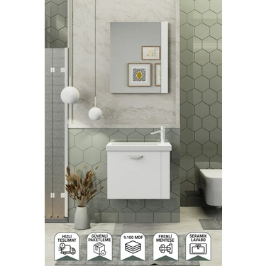 Biani Maxila 60 cm Banyo Dolabı,Seramik Lavabolu, Aynalı,Lavabo