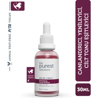 The Purest Solutions, AHA & BHA Canlandırıcı & Cilt Tonu Eşitleyici Kırmızı Peeling Cilt Serumu 30