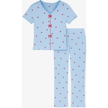 Kadın Kısa Kollu Fiyonklu Fitilli Pijama