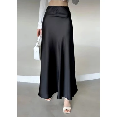 Kadın Şık Saten Kemeri Lastikli 95CM Kloş Maxi Boy
