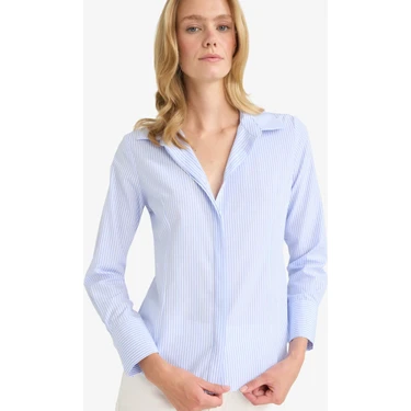 DeFacto Fitted Çizgili Poplin Uzun Kollu Gömlek
