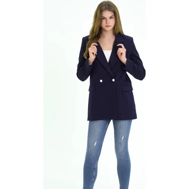 Lacivert Oversize Dokuma Blazer