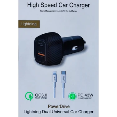 DA-314 Araç Çakmaklık Uyumlu Hızlı Şarj Cihazı Pd 43W + Lightning Iphone Kablo