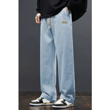 Erkek Açık Mavi Baggy Beli Lastikli Likralı Düz Paça Bol Kesim Rahat Denim Jean Pantolon