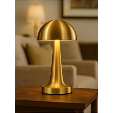 Mantar Model Retro Masa Lambası Gold Altın Renkli Dimmerli Şarjlı Dekoratif Dokunmatik Masa