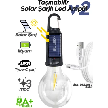 Solar Şarjlı Taşınabilir LED Ampül V2 Outdoor Kamp Bahçe Lambası 10W Askılı Kırılmaz LED