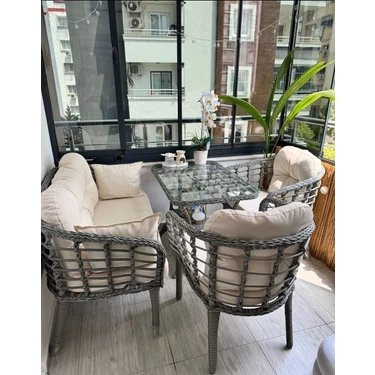 Kartepe 2 1 1 Rattan Bahçe Balkon Takımı,GRİ RATTAN/KREM