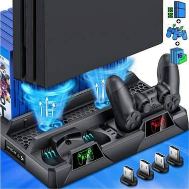 Hobimtek Ps4 Slim Ps4 Pro Çift Fanlı Dikey Soğutucu ve Kol Şarj Edici Ps4 Şarj Standı Oyun Depolama