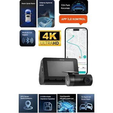 70MAI Araç Kamerası A800SE-1,4K Ultra Hd Çözünürlük,4k Ön ve Arka RC22 Kamera, Süper Gece Görüşü,