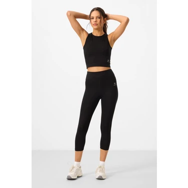 Siyah Yüksek Bel Kapri-Crop Atlet Slim Fit Kadın Tayt Takım -