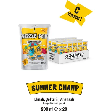 Sızzle-Pop Summer Champ Şeftali Elma Ananas Meyve Suyu 200 ml x 20