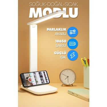 Telvesse Şarjlı Masa Lambası 3 Renk Dokunmatik Telefon Standlı Kademeli Çalışma Okuma Işığı Gece