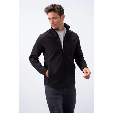 Tommy Life Siyah Fermuarlı Dik Yaka Su ve Rüzgar Geçirmez Softshell Erkek Mont -