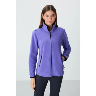 Eflatun Dik Yaka Fermuarlı Rahat Form Kadın Polar Sweatshirt -