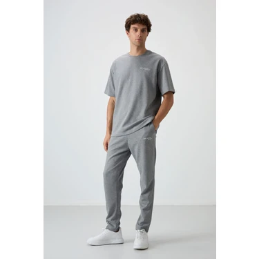 Air Jones Gri Melanj Pamuklu Kalın Yumuşak Dokulu Oversize Fit Nakışlı Erkek Eşofman Takım -