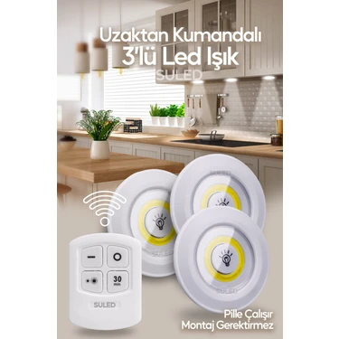 Pilli Uzaktan Kumandalı Montajsız Yapışkanlı 3'lü Spot LED Işık Lamba Raf Niş Dolap Mutfak