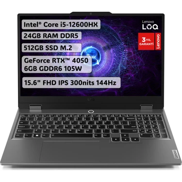 Lenovo LOQ Intel Core i5 12600HX 24GB 512GB SSD RTX4050 Freedos 15.6" IPS 144Hz Taşınabilir