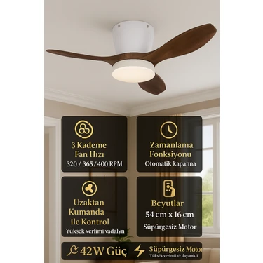 Modern Dekoratif LED Işıklı Tavan Vantilatörü | Süper Sessiz Motor | Uzaktan Kumandalı 3 Kademe