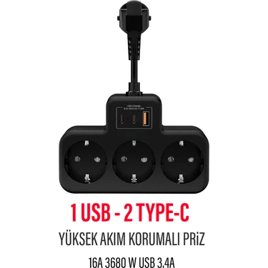 Çoklu Kablolu Priz -Priz Çoğaltıcı-Priz Dönüştürücü 1usb - 2type-C Girişli Yüksek Akım Korumalı