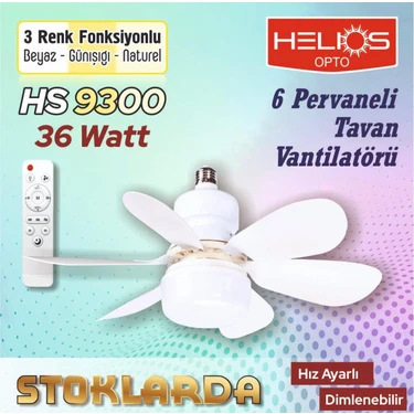 Helios Opto HS9300  Lodos Fan 36W Kumandalı LED Ampul Vantilatör Dimmerli