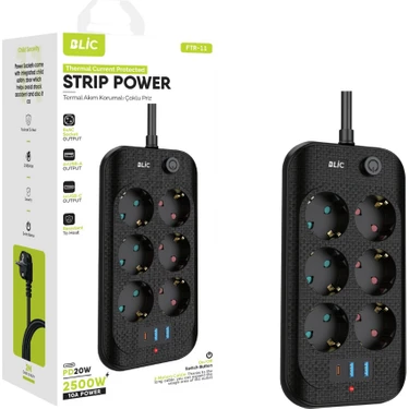Hoala Hoala Termal Akım Korumalı, 6'lı Priz Soketi, 2x USB Girişli, 1x Type-C Girişi, Çocuk