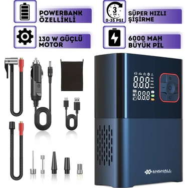 6000MAH LED Işıklı Çantalı Şarjlı ve Kablolu Araç Motor Bisiklet Top Lastik Şişirme Hava