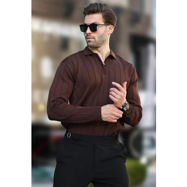 Erkek Slim Fit Polo Yaka Fermuarlı Fitilli Triko Kazak -