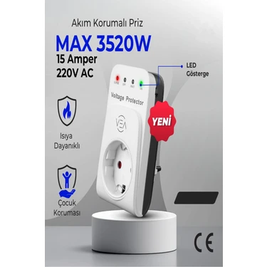 15A 3520W Akım Korumalı Tekli Priz Aşırı Yüksek Gerilim Koruma Dijital