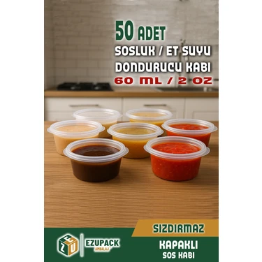 Ezupack 50 Adet Sızdırmaz 60 ml Mini Saklama Kabı Sosluk Buzluk Kabı, Et Suyu, Kemik Suyu, Sos Kabı