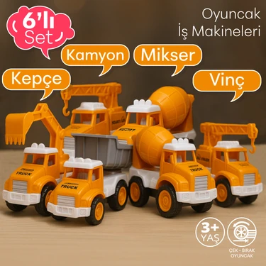 Smartfox Çek Bırak 6'lı İş Makineleri Seti - Eğitici Kepçe Kamyon Vinç Mikser 3+ Yaş