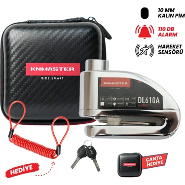 Knmaster DL610A Alarmlı Disk Kilidi | 10 mm Çelik Pim | Hatırlatma Kablosu ve Taşıma Çantası |