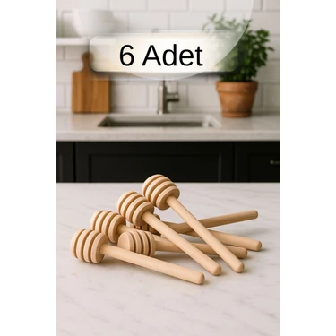 6 Adet Ahşap Bal Kaşığı Seti Bal Damlalığı Bal Servis Kaşığı