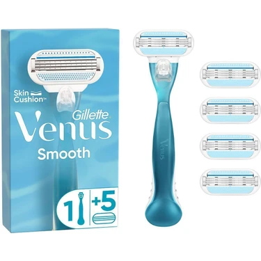 Gillette Venus Smooth Kadın Tıraş Makinesi - 3 Bıçaklı, Kayganlaştırıcı Bant ile, 1 Adet Makine + 5