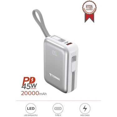 Torima TRM-1028 Beyaz 20000 Mah Type-C Giriş + Lightning + USB Taşınabilir 45 W Hızlı Şarj Dijital