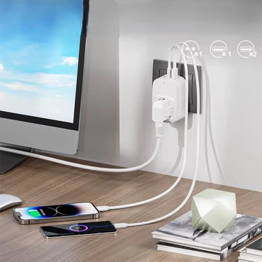 Çoklu Yüksek Voltaj Korumalı Duvar Prizi 2x Type-C 1x USB Çıkışlı Priz Grup Priz