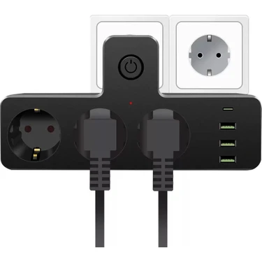 Matechno 3'lü Termal Akım Korumalı Priz 3xUSB 1xType-C 20W PD Girişli Siyah Renkli