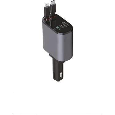 100W Süper Hızlı  Araç Şarj Cihazı – Çift Type-C & Lightning Kablo, Dijital Göstergeli, 80CM