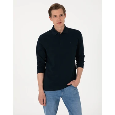Pierre Cardin Erkek Lacivert Slim Fit Kıvrılmaz Polo Yaka Basic Pike Sweatshirt