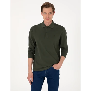 Pierre Cardin Erkek Koyu Yeşil Slim Fit Kıvrılmaz Polo Yaka Basic Pike Sweatshirt