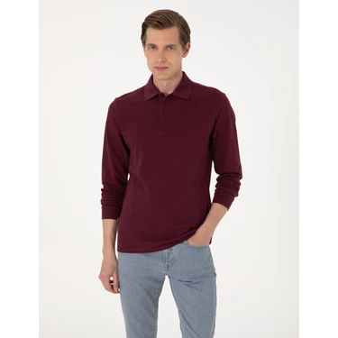 Pierre Cardin Erkek Bordo Slim Fit Kıvrılmaz Polo Yaka Basic Pike Sweatshirt