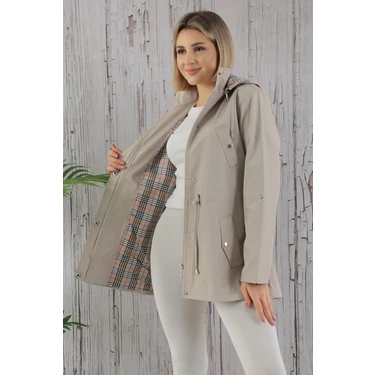 TUTveAL Collection Kadın Kapüşonlu Vizon Trençkot Suya Dayanıklı Bonded Kumaş Krem Renkli Uzun