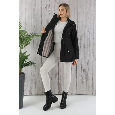 TUTveAL Collection Kadın Suya Dayanıklı Trençkot Kapüşonlu Ekoseli Vizon Trençkot Bonded Kumaş