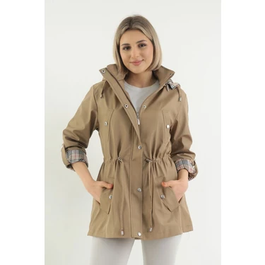 TUTveAL Collection Kadın Vizon Renkli Suya Dayanıklı Trençkot Kapüşonlu Bonded Kumaş ile Şık Günlük