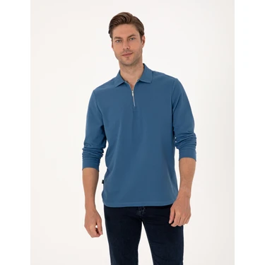 Pierre Cardin Erkek Açık Lacivert Slim Fit Kıvrılmaz Fermuarlı Polo Yaka Basic Pike Sweatshirt