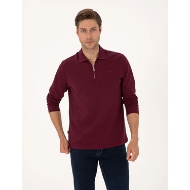 Pierre Cardin Erkek Bordo Slim Fit Kıvrılmaz Fermuarlı Polo Yaka Basic Pike Sweatshirt