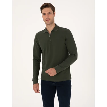 Pierre Cardin Erkek Koyu Yeşil Slim Fit Kıvrılmaz Fermuarlı Polo Yaka Basic Pike Sweatshirt