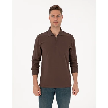 Pierre Cardin Erkek Koyu Kahverengi Slim Fit Kıvrılmaz Fermuarlı Polo Yaka Basic Pike Sweatshirt