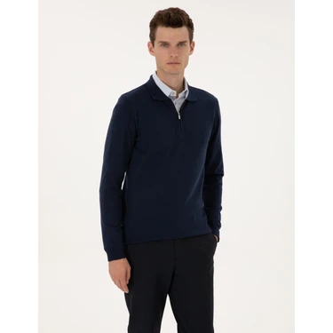 Pierre Cardin Erkek Açık Lacivert Slim Fit Polo Yaka Fermuarlı Basic Triko Kazak