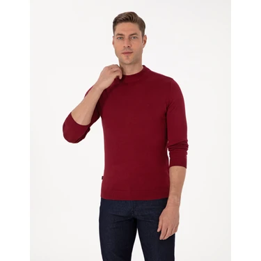 Pierre Cardin Erkek Vişne Slim Fit Çeyrek Yaka Basic Triko Kazak