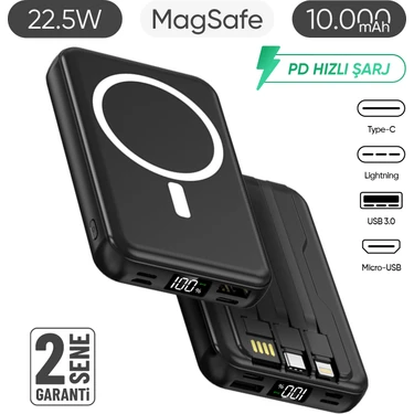 10.000 Mah Kablosuz Hızlı Şarjlı Magsafe Powerbank LED Ekranlı Dahili Kablolu Powerbank Çoklu